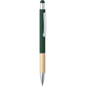 A green stylus touch ball pen with a silver clip and bamboo accents. It features a sleek design with a smooth finish.