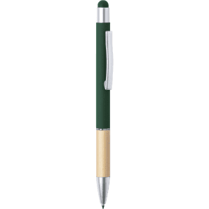 A green stylus touch ball pen with a silver clip and bamboo accents. It includes a logo on the design.
