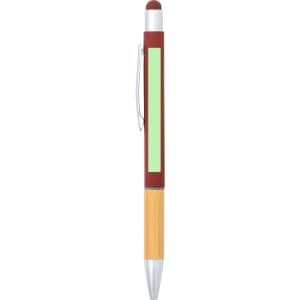 A stylus touch ball pen featuring a maroon body, bamboo accent, and a metallic silver tip. It includes a branding logo.