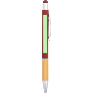 A stylus touch ball pen with a maroon barrel, bamboo grip, and silver accents. It features an area for branding.