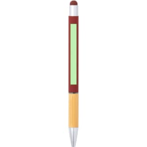 A stylus touch ball pen featuring a red barrel, green section, and gold accents. It includes a logo on the surface.