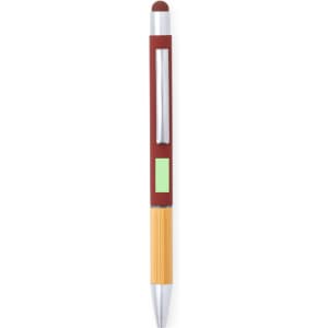 A stylus touch ball pen in maroon and wooden colours, featuring a silver clip and a green accent area.