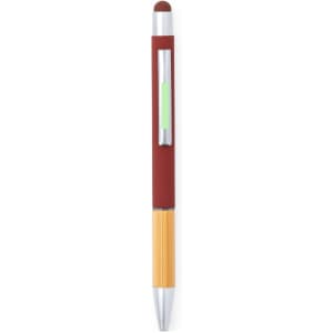 A stylus touch ball pen with a maroon upper section, silver details, and a yellow bottom section. Features a logo.