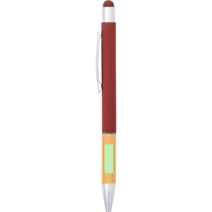 A stylus touch ball pen featuring a maroon body, silver accents, and a bamboo section, with a logo.