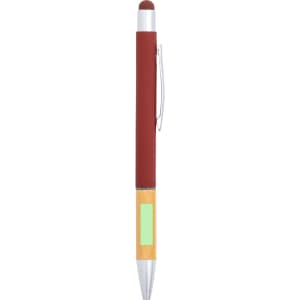 A stylus touch ball pen with a red barrel, silver accents, and a bamboo grip, featuring a logo.