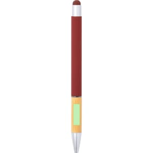 A stylus touch ball pen featuring a red barrel and a silver tip, with a branding logo on the lower part.