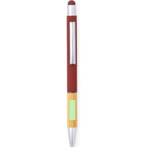 A maroon stylus touch ball pen with a silver clip and a bamboo accent. Includes a green area for branding.
