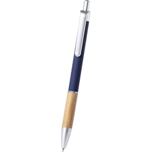 A metal pen featuring a navy blue barrel and a bamboo accent, complemented by a silver clip and tip.