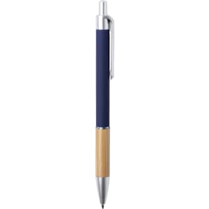 A metal pen with a navy blue grip and a bamboo lower section, featuring a silver clip and tip.
