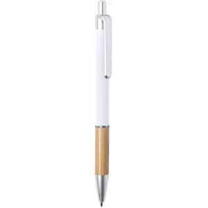 A metal pen with a white body and a bamboo section, featuring a silver clip and tip. It has a logo.