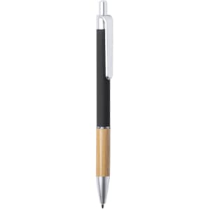 A metal pen featuring a black upper barrel, bamboo lower portion, and a silver clip. It includes a branding logo.