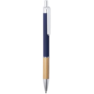 A metal pen with a navy blue barrel and bamboo accents, featuring a silver clip and tip.