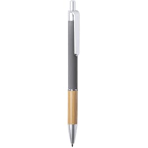 A metal pen with a grey top and a bamboo lower section, featuring a clip and a silver accent.