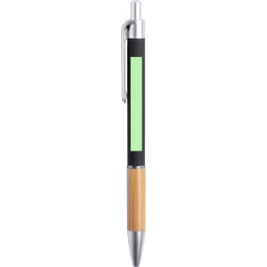 A metal pen with a black grip, a green section, and a bamboo lower barrel, featuring a silver clip and tip.
