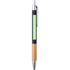A metal pen with a silver tip, a bamboo base, and a green accent on a black barrel. It features a logo.