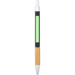 A metal pen featuring a green accent and a wooden barrel, topped with a silver clip. It has a logo on its surface.