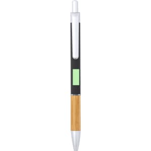 A metal pen featuring a bamboo grip, silver accents, and a black barrel with a green section. Includes a logo.