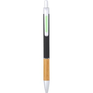 A metal pen with a black and bamboo design, featuring a green transparent section and a silver tip.