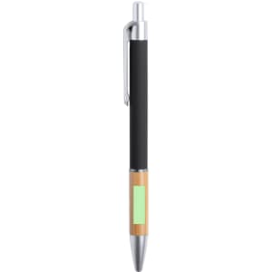 A metal pen with a black barrel and a bamboo lower section, featuring a silver clip and tip.