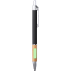 A metal pen featuring a black barrel and a bamboo-finished grip, with a silver clip and tip. It has a logo.