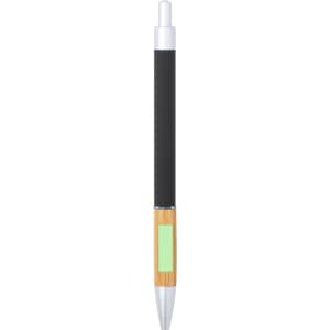 A metal pen featuring a black barrel and a bamboo accent, with a silver tip and clip, and a logo.