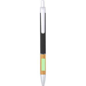A metal pen in black and silver with a bamboo accent and a logo on the side.