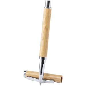 A bamboo pen with a shiny chrome nib and a removable cap. The design features natural wood tones.