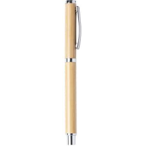 A bamboo pen with chrome accents and a clip, showcasing a natural wooden finish. It has a sleek, elegant design.