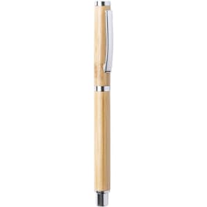A bamboo roller pen with chrome accents. The pen has a sleek, natural finish and features a clip for easy carrying.