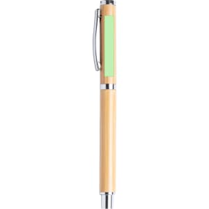 A bamboo rollerball pen with chrome accents and a green section for branding. It features a clip for easy attachment.