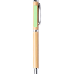 A bamboo pen with a green grip and chrome accents, featuring a clip and smooth finish.