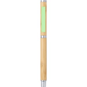 A bamboo pen with silver accents and a green section, featuring a logo.
