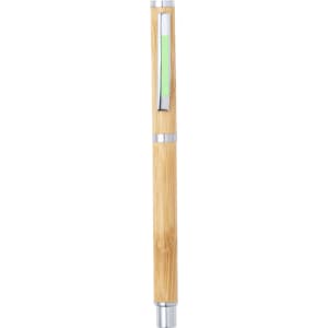 A bamboo pen with a silver clip and green accent, featuring a sleek, minimalist design.