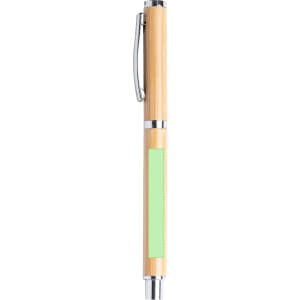 A bamboo pen with a silver clip and accents, featuring a green area for branding.