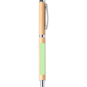 A bamboo pen with metallic accents and a green section for customisation. It features a clip and a logo.
