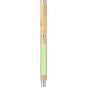 A bamboo roller pen featuring silver accents and a green section. It has a sleek, modern design.