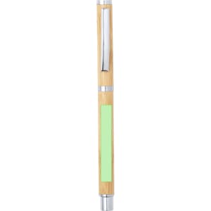 A bamboo roller pen with silver accents and a green section, featuring a logo on its body.