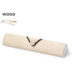 A wooden pencil case with a triangular shape, secured with a brown strap and button. It includes additional stationery items.