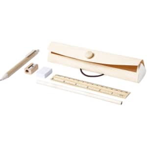 A wooden pencil case in natural colour, containing a pencil, sharpener, eraser, and ruler. Features a branding logo.