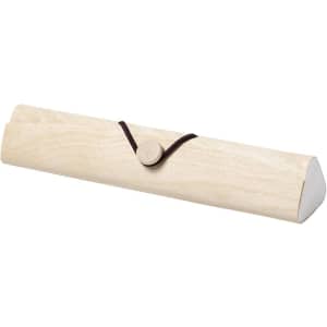 A cylindrical pencil case in light wood with a brown closure string and a logo.