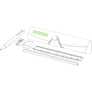 A green Palermo pencil case with a pen, ruler, eraser, sharpener, and pencil inside. Features a logo.