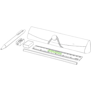 A pencil case in grey containing a pen, ruler, sharpener, eraser, and pencil. Features a logo on the case.