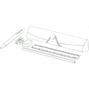 A pale blue pencil case with a button closure, containing a pen, ruler, sharpener, and eraser.