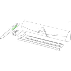 A pencil case in a light colour, with a ruler, pencil, eraser, sharpener, and a pen arranged beside it.