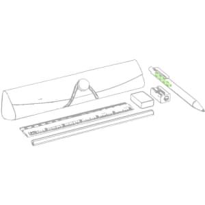 A grey pencil case with a button closure, containing a ruler, eraser, sharpener, and pen in various colours.