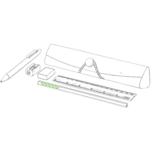 A pencil case with a green trim contains a pencil, sharpener, eraser, ruler, and a pen, displaying a simple design.