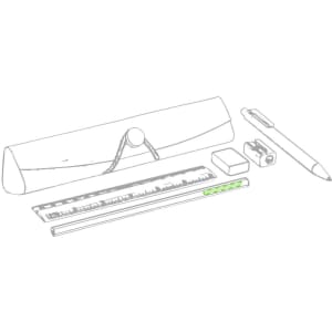 A grey pencil case with a clasp, containing a ruler, pencil, sharpener, eraser, and pen.