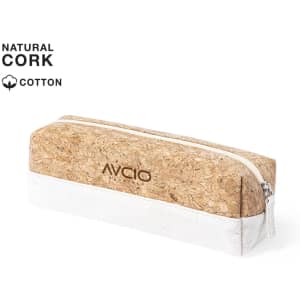 A pencil case made of natural cork and cotton, featuring a zip closure and a two-tone design with a white base.