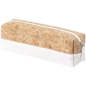 A pencil case featuring a cork exterior and a white canvas base, complete with a zip closure.