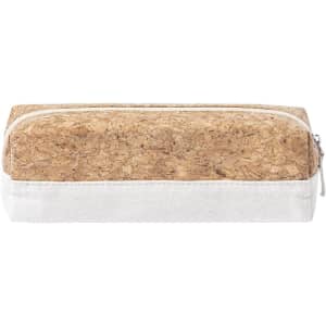 A pencil case featuring a natural cork design with a white fabric bottom and a zip closure.